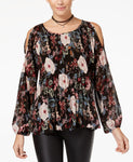 ONE HART JUNIORS FLORAL-PRINT COLD-SHOULDER BLACK XS