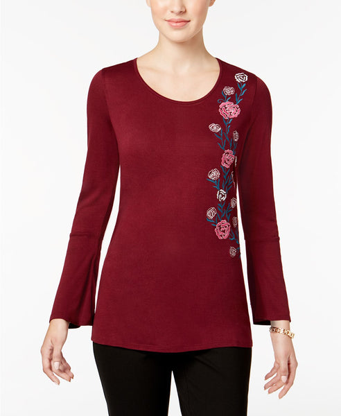 NY Collection Bell-Sleeve Embroidered Top Wine XL