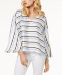 INC International Concepts Petite Striped Bell-Sleeve Blo Bright White PS