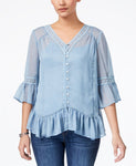 Style Co Petite Crochet-Trim Ruffled Bl Blue Fog PXS