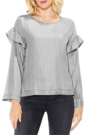 Vince Camuto Women's Ruffle Shoulder Shirt Grey Large