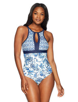 Coastal Blue Empire Waist Colorblock One Piece Swimsuit, New Navy Floral, S (4-6)