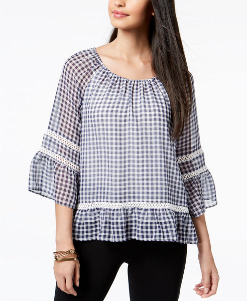 JPR Ruffle-Trimmed Gingham Top Solstice M