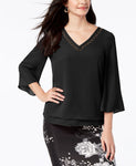 Thalia Sodi Ring-Hardware Flare-Sleeve Top Deep Black XS