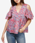 LUCKY BRAND Womens Printed Cold Shoulder Top RED XS