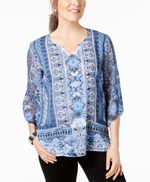 JM Collection Printed Top  Blue S