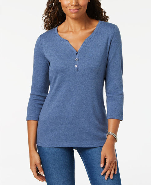 KAREN SCOTT 3/4 SLEEVE HENLEY HEATHER INDIGO PXS