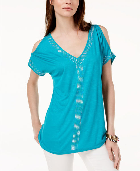 INC Stud Cold Shoulder Top BLUE P/S PETITE