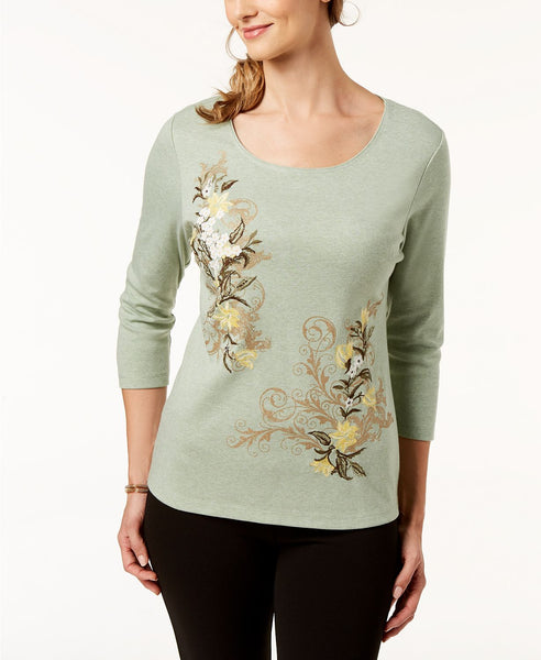 Karen Scott Petite Floral-Embroidered Top Light Sage Heather PXS