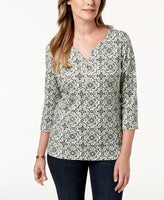 Karen Scott Petite 3/4 Sleeve Printed Henley Top (PL)