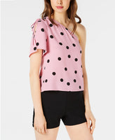 Bar III Printed One-Shoulder Top Pink Dot M