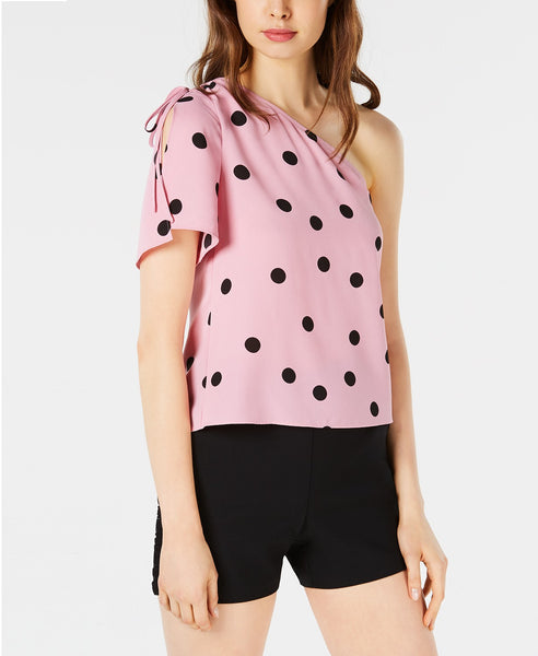 Bar III Printed One-Shoulder Top Pink Dot M