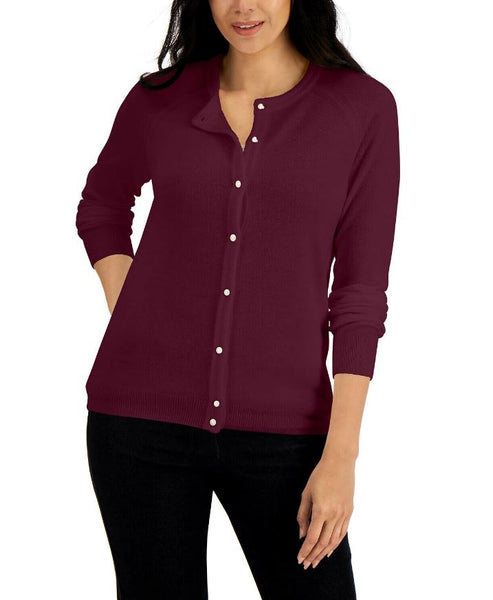 Karen Scott Luxsoft Pearl Button Cardigan Merlot S