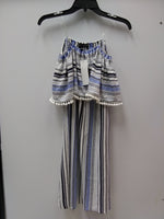 SPENSER JEREMY POM POM FRINGE OFF SHOULDER MIDI DRESS BLACK/BLUE PATTERN STRIPE 8