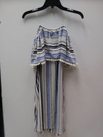 SPENSER JEREMY POM POM FRINGE OFF SHOULDER MIDI DRESS BLACK/BLUE PATTERN STRIPE 8