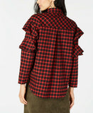 Sage Long Sleeve Ruffle Plaid Top Red Black Large