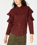 Sage Long Sleeve Ruffle Plaid Top Red Black Large