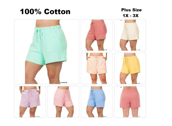 Zenana Women Plus High Quality Cotton Drawstring Waist Shorts with Pockets